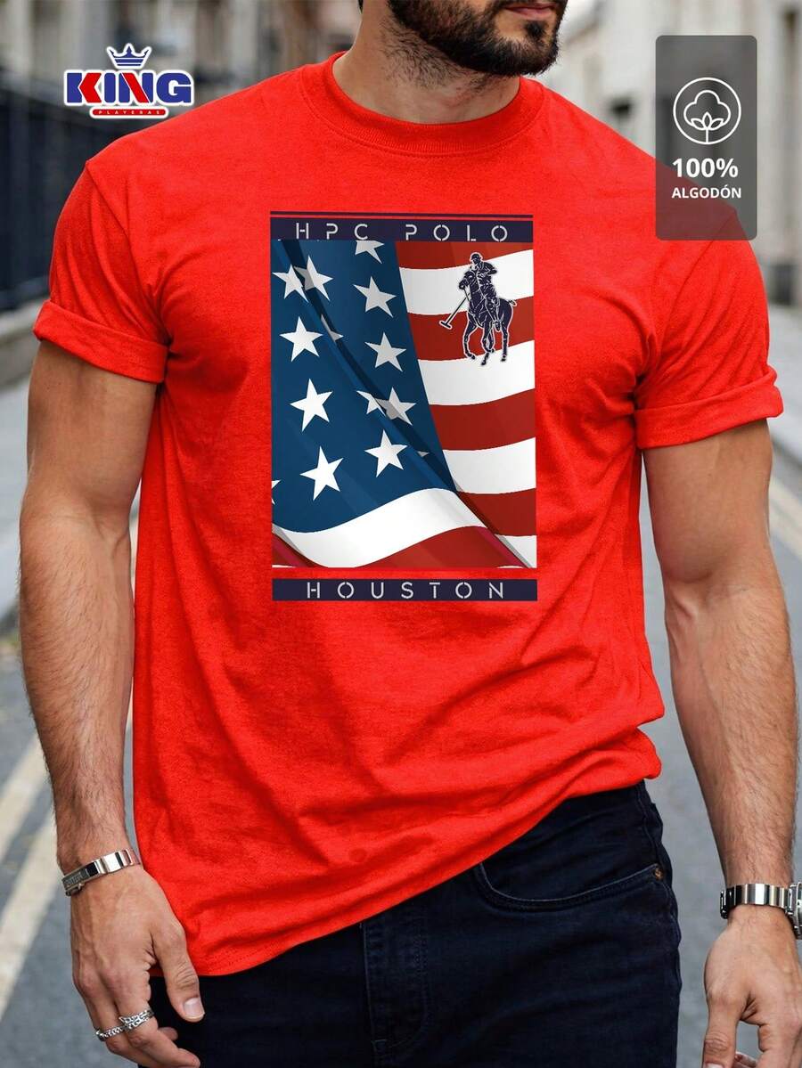 Playera Caballero de Cuello Redondo y Manga Corta – Diseño Gráfico Temático "HPC Polo: American Heritage" – 100% Algodón - Rojo - Ver 1