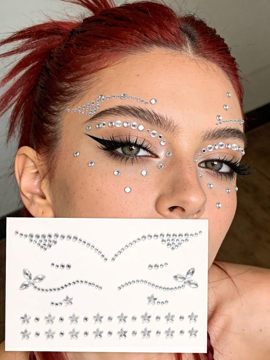 3D Shiny Exquisite Silver White Star Eyeliner Face Decor Rhinestone Glitter Face Gems Y2K Self-Adhesive Rhinestones, DIY Concert Disco Party Special Shiny Rhinestone Face Decor - 白色 - 查看 1