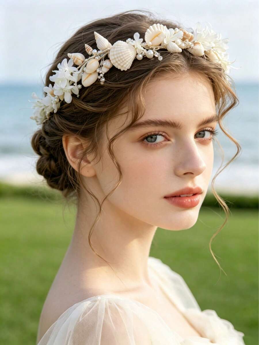 1pc Women's Mori Style Floral Shell Handmade Headband White Beach Hair Accessory Spring Outdoor Party Accessory Bridal Wedding Headpiece - White - View 1