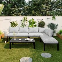 Garden Dining Set, Garden Furniture Set, Garden Lounge Chair Set With Galvanized Iron Frame, 6 Seats, Adjustable Feet, Removable Backrest, Modular Sofa, Galvanized Iron Tabletop, Grey - 灰色 - 查看 2