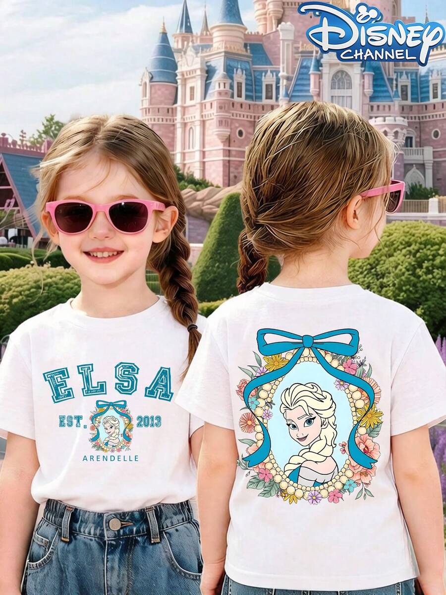 Disney Short-Sleeved T-Shirt With Elsa Print, Suitable For Boys And Girls To Wear At School, Outdoor Activities, And Disneyland. - 白色 - 查看 1