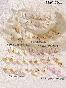 NAIZHU 30雙/組歐美時尚花卉愛心蝴蝶結仿珍珠金屬耳環套組，適合女性日常配戴、約會、送禮 - 彩色 - 查看 5