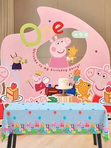 Mantel desechable con estampado de grupo de Peppa Pig sobre base azul, diseño de borde con globos punteados combinado con material PE impermeable. Disponible en opciones de juego de varias piezas, tela a prueba de aceite y fácil de desechar, perfecta para la decoración de mesas de fiestas temáticas y banquetes - Multicolor - Ver 7