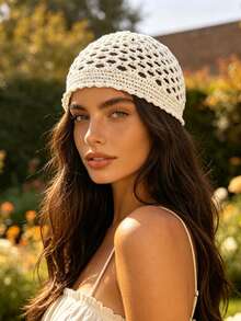 1 pièce Chapeau de soleil en tricot ajouré, couleur unie élégante et décontractée avec perles et franges, pour la plage - Multicolore - Voir 9