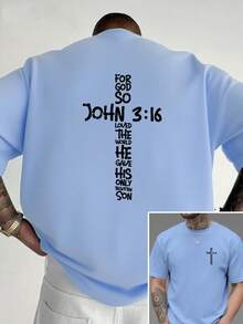 Gospel Of John 3:16, New Men's Crew Neck T-Shirt With Cross Print On Both Sides, Casual, Sporty, Modern And Loose Style, Short Sleeve T-Shirt For Students - 黑色 - 查看 8