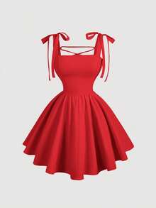 MOD Vestido rosa romántico con espalda descubierta y lazo, adecuado para citas, fiestas, vacaciones, meriendas de té y ocasiones de cumpleaños QT3K - Rojo 2 - Ver 1