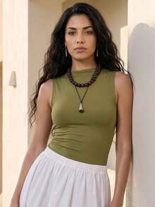 Rouah Pastal Fitted Sleeveless Top Mock Neck Tank For Summer Layering Golf Sexy - Green - View 1