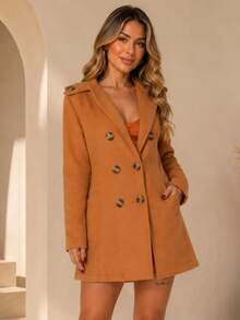 Women's Classic Long Trench Coat With Button Closure - Camel - Ver 2