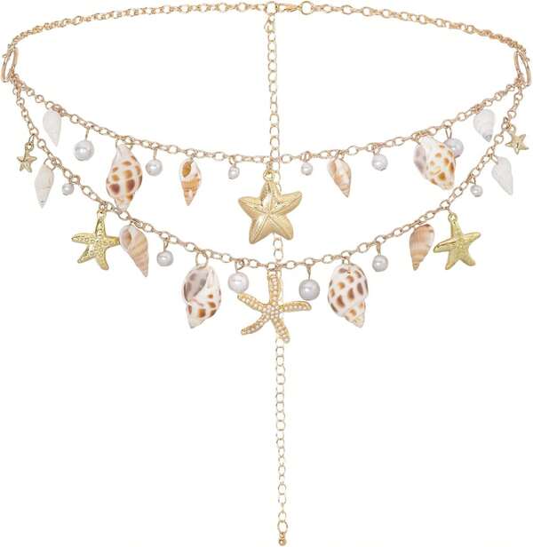 Starfish Seashell Waist Chain For Women Bohemian Adjustable Layered Belly Chain Bikini Beach Jewelry Summer Vacation Accessories