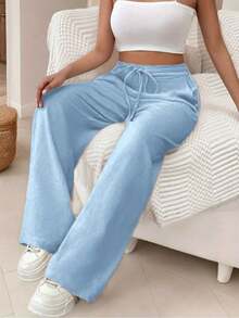Women's Linen Palazzo Pants, Adjustable Waist With Drawstring, Side Pockets, Casual And Breathable For Vacations - 淺藍色 - 查看 2