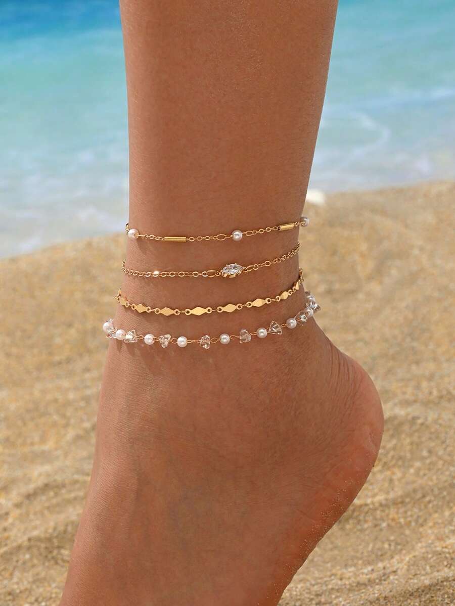Set Gelang Kaki Rantai Halus Emas Gaya Prancis 4pcs/Set dengan Mutiara Imitasi dan Berlian Imitasi Bentuk Belah Ketupat, Perhiasan Kaki Wanita yang Modis dan Serbaguna, Cocok untuk Pemakaian Sehari-hari, Liburan, Kencan, dan Pesta, Rantai Buatan Tangan Dipotong Sesuai Panjang dengan Jumlah Mata Rantai yang Bervariasi - MultiWarna - View 1