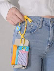 1 Set Dopamine Color-Block Star Adjustable Braided Phone Wrist Strap Coin Purse, Korean Style Patchwork Mesh Tulle Mini Cute Portable Key Coin Storage Zipper Pouch, Multi-Functional Portable Student Bus Card Earphone Lipstick Storage Colorful Small Bag - Multicolor - View 5