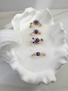 imoli 4pcs/Set Bohemian Beach Vacation Sun Moon Star Purple Faux Gemstone Sun Rhinestone Faux Amethyst Open Ring Set Stackable Rings, Perfect Gift For Travel, Friends And Besties - 32755-ring-purple-eP - View 8