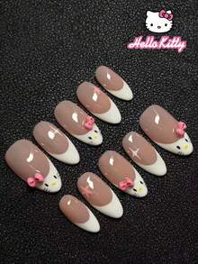 Sanrio Hello Kitty 24片裝 Y2K 杏仁形白色法式指尖穿戴甲，可愛 Hello Kitty、星星與蝴蝶結裝飾，完美貼合壓克力假指甲套組，含 1 個果凍膠與 1 個指甲锉，適合女孩日常與派對使用 - 彩色 - 查看 2