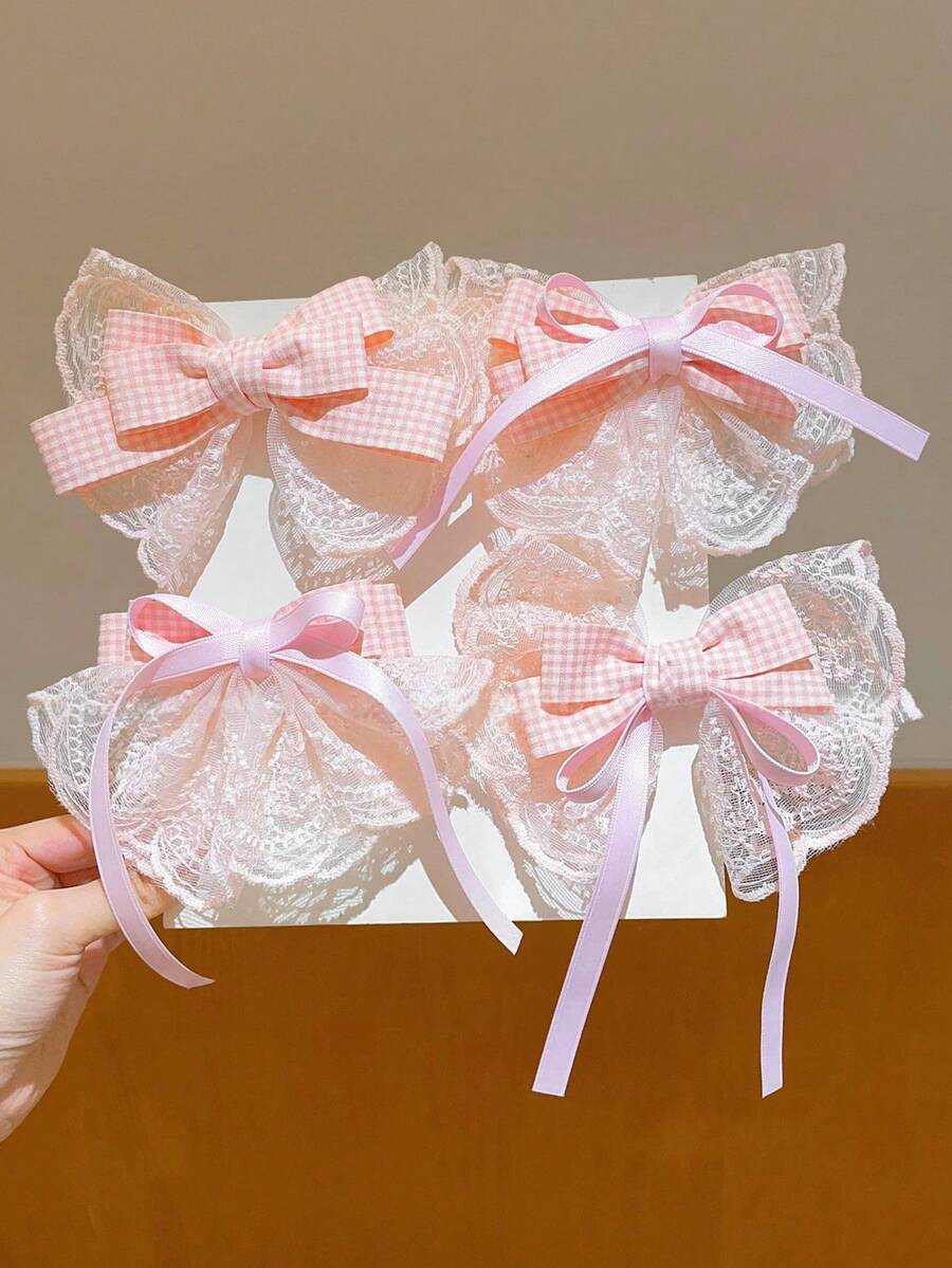 Cute Girls Plaid Lace Bow Hairpin 1pc, Pink Long Ribbon Tassel Hair Barrette Daily Party Sweet Hair Accessory - Multicolor - View 1