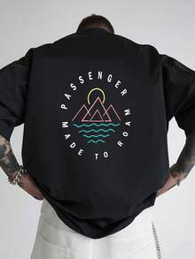 Camiseta estampada de talla para hombre, estilo urbano, adecuada para uso casual diario, corte holgado con hombros caídos, cuello redondo y manga corta. - Negro - Ver 2