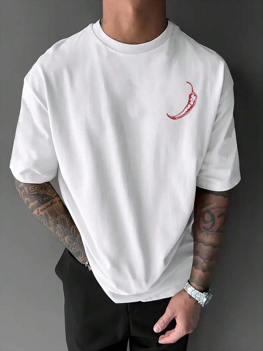 Men's Summer T-Shirt With A Modern And Fashionable Design, One Size Fits Most, Featuring Dropped Shoulders And A Chili Pepper Print. Comfortable, Casual, Short-Sleeved Men's Clothing, Versatile Style For Everyday Wear. - 白色 - 查看 1