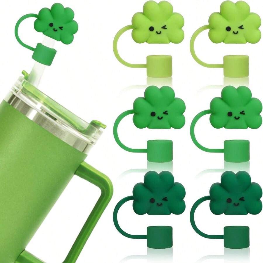 - 6 unidades, tapa protectora de paja de silicona para trbol del da de San Patricio, 3 colores, divertido trbol verde, popote, reutilizable, para popotes de 0.4 pulgadas, accesorios de taza - Verde - Ver 1