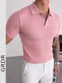 GRDR 男士夏季針織 Polo 衫，純色短袖，適合夏季外出，時尚必備 - 粉色 - 查看 6