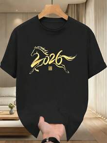 M en's Black T-S HIR T with Horse Print 2026. Quality fabric, comfortable fit, breathable, casual, graphic design. - Preto - Ver 2