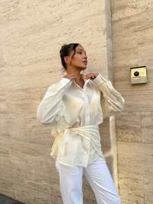 Casual Versatile Women's Loose Beige Semi-Sheer Blouse, Decorated With Ruffle Trim, Long Sleeve Design, Perfect Choice For Autumn Summer - Apricot - View 6