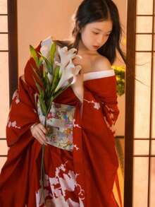 Yukatas - Red Kimono With Red Obi (sash) - View 2