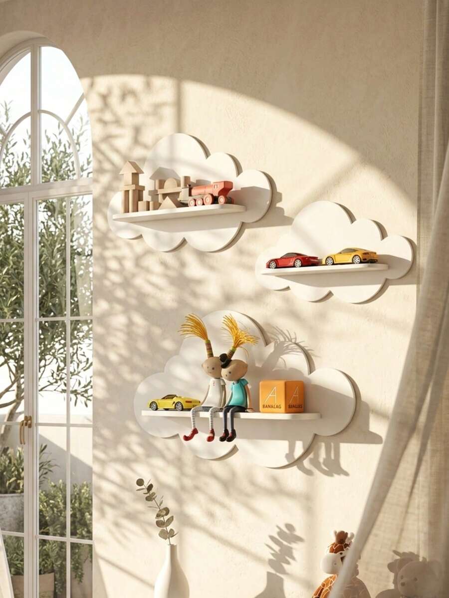 Estante de pared con forma de nube, estantería de madera para exhibir muñecas, estante decorativo de pared montado para la guardería y la habitación de los niños - Blanco - Ver 1