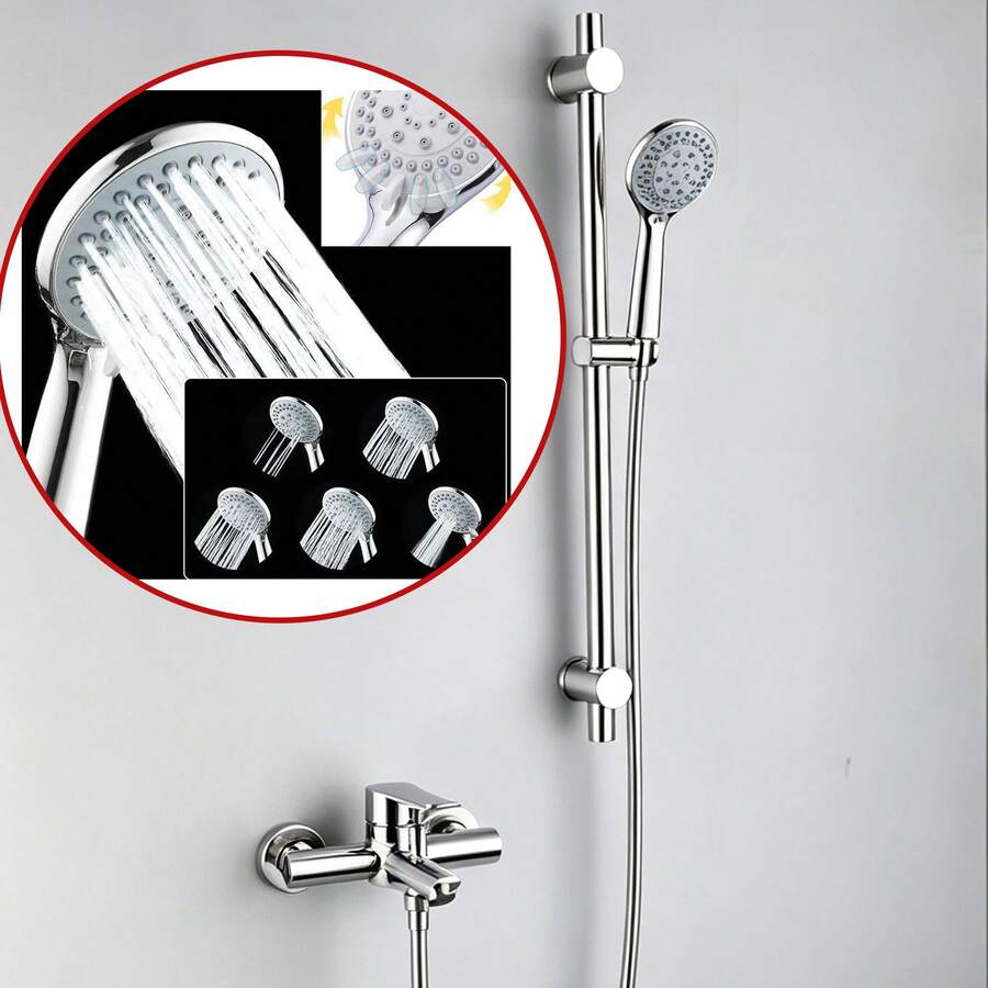 1X Shower Bar Showerhead Base Set, Five Function Showerhead, Wall Mounted Installation - A - Ver 1
