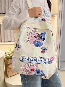Disney Lilo Stitch & Angel 印花後背包，可愛大容量學生書包，適合青少年女孩休閒日常使用，防水輕量學生後背包 - 彩色 - 查看 10