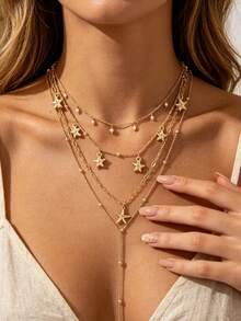 4PCS INS Style Fashion Versatile Starfish Pearl Multi-Layer Collarbone Chain Gold Chain Y-Shaped Necklace Set For Women - Gold - View 2