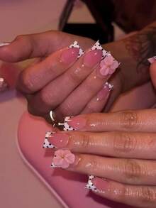10Pcs Sweet Style Duck Bill Press On Nails, Nude Pink Polka Dot French False Nails Decorated With 3D Pink Flowers And Gold Beads, Glossy Handmade Reusable Nail Tips For Daily Work, Dating And Travel, Ideal Gift For Women. - Follow Your Heart - View 6