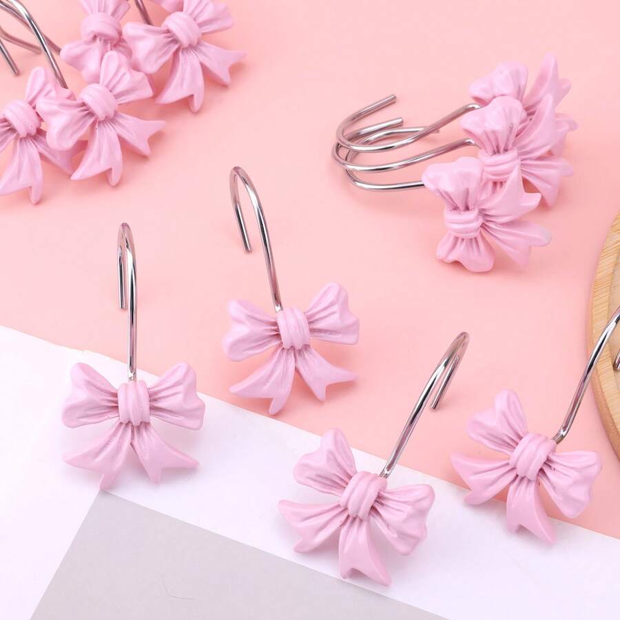 12pcs Bow Knot Shower Curtain Hooks Bathroom Bow Hangers Metal Curtain Rings For Bathroom Room Displays - A - View 1