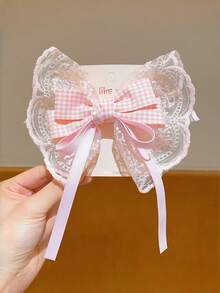 Cute Girls Plaid Lace Bow Hairpin 1pc, Pink Long Ribbon Tassel Hair Barrette Daily Party Sweet Hair Accessory - Multicolor - View 10