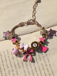1pc Leopard Print Bow & Heart Charm Bracelet, Leopard Print DIY Bracelet, Leopard Print Star Bracelet, Pink Star Bracelet - Gold - View 6