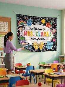 1pc Custom Text Welcome To Classroom Tapestries, Personalized Teacher Name Tapestry, Back To School Gift, Classroom Welcome Sign - Multicolor - View 4