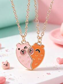 2 Pcs/Set Capybara Best Friends Pendant Necklace For Friends For School Lover Popular Geometry Adjustable Double Chain Couple Necklace Jewelry Gifts - one-size - View 3