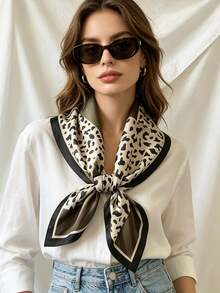 1 pièce Foulard carré chic imprimé léopard, châle, décoration de sac, accessoire indispensable pour fête et voyage, printemps-été, nouveau pour femmes - Vert sapin - Voir 2