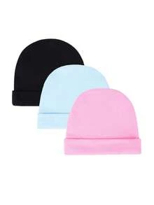 3 buc. căciulă tip beanie pentru nou-născuți, unisex, cu bor de un singur strat, pliabilă, culoare uni, stil minimalist, cu tragere, pentru toate anotimpurile - Multicolor - Vizualizare 2