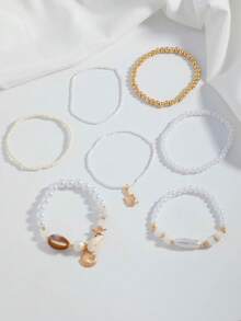 Juego de 7 piezas/Set de tobilleras con capas de conchas, perlas y cuentas de estrella de mar, diseño apilable de estilo bohemio, adecuado para mujeres, uso casual en vacaciones de playa, patrón casual de conchas, excelente regalo - Multicolor - Ver 5