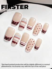 10 Stück mittel-kurze quadratische handgefertigte Press-On Nägel, Nude & Burgunder Kunstnägel, gepunktet, gestreift & French Manicure, glänzendes Finish, wiederverwendbare Acryl-Nägel, geeignet für den täglichen Gebrauch - Verschiedenfarbig - Übersicht 3