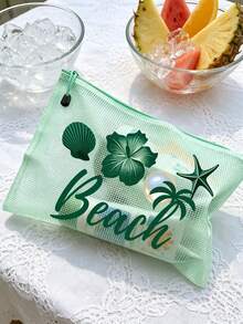 多色防水時尚網格沙灘包，印有「Beach」字樣，羽毛、朱槿花、海星、貝殼與珍珠元素，大容量透明化妝包，尼龍拉鍊盥洗包，輕量，可收納防曬乳、比基尼與沙灘必需品，春夏收納，適合朋友、家人、摯友、同學，生日、節日、派對、婚禮（伴娘）、母親節、教師節禮物與紀念品 - 彩色 - 查看 8