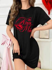 Women's Soft Short Sleeve Nightgown - Lip Pattern, Women's Nightgown - Black - View 3