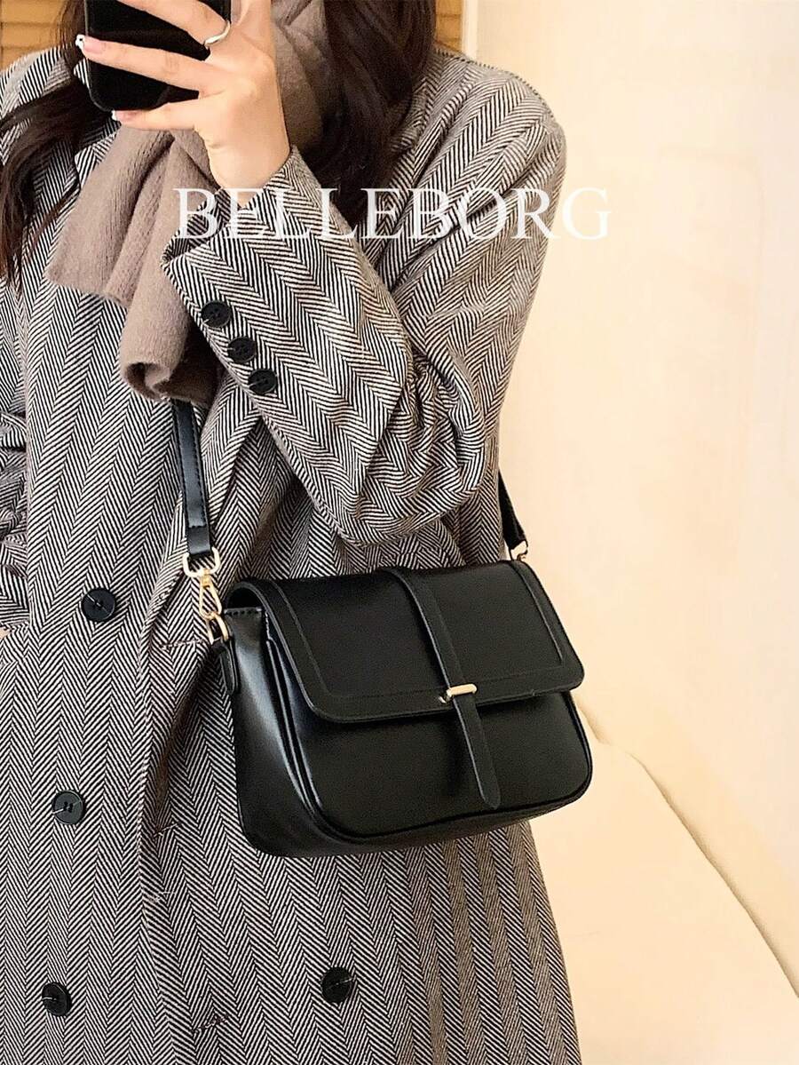 轻便、商务休闲简约金属装饰翻盖方形包，适合少女、女大学生、新秀和白领人士，非常适合办公室、大学、工作、商务、通勤、户外、旅行、郊游、时尚女士包包优雅 - 黑色 - 查看 1