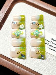 Press-On Fake Nails, Handmade Wearable Nails, Short Duck Shape, Nude With Green And White French Tips, Gradient Tie Dye Design, Hand-Painted Blue Stripes, Handmade 3D Green Floral Carving, Transparent Drag Design, White Pearls, 3D White Flowers And Gold Starfish Decoration, Rhombus Rhinestone Glitter, Fresh And Sweet Style, Exquisite And Elegant, Reusable - Lime Green - View 7