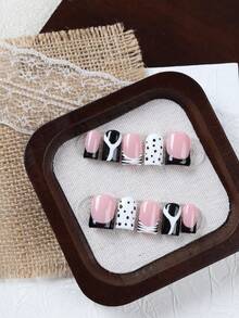 10Pcs Hot Girl Y2K Duck Bill Press On Nails, Nude Pink Black French Tips With Hand-Drawn Polka Dots, Zebra Stripes & Asymmetrical White Ribbons, Glossy Reusable Handmade False Nails For Daily, Dating & Street Style, Ideal Gift For Girls. - Follow Your Heart - View 4