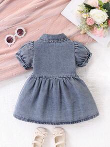 Baby Girls' Casual Button Puff Sleeve Denim Dress, Suitable For Daily Wear, Festivals, Parties, Can Be Used As Gift - Medium Wash - View 7