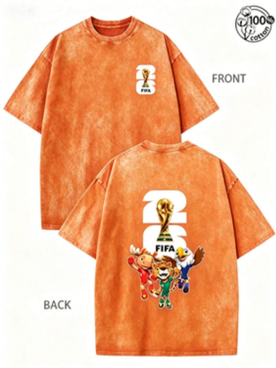 FIFA-2026 World Cup, World Cup T-Shirt, Soccer T-Shirt, Football Tee, 230G Washed High-Quality Cotton Printed Men's T-Shirt; 100% Cotton - 橘色 - 查看 1