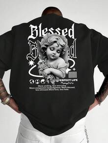 Men's Casual T-Shirt With Double-Sided Print, Black And White Angel Design, 100% Polyester, Stylish Casual Crew Neck Top, Men's Spring Clothing - 白色 - 查看 8