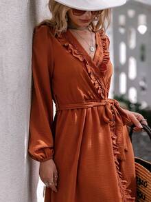 Solid Color Casual Vacation Style Ruffle V-Neck Dress - Khaki - View 2
