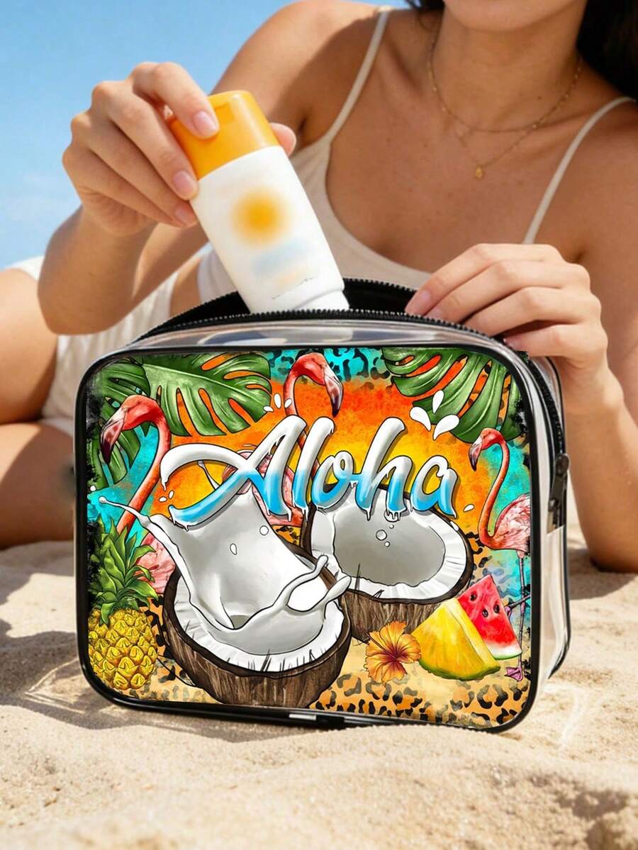 Western Aloha 椰子 PVC 化妝包，中性旅行化妝品與盥洗用品收納包，便攜收納包 - 彩色 - 查看 1
